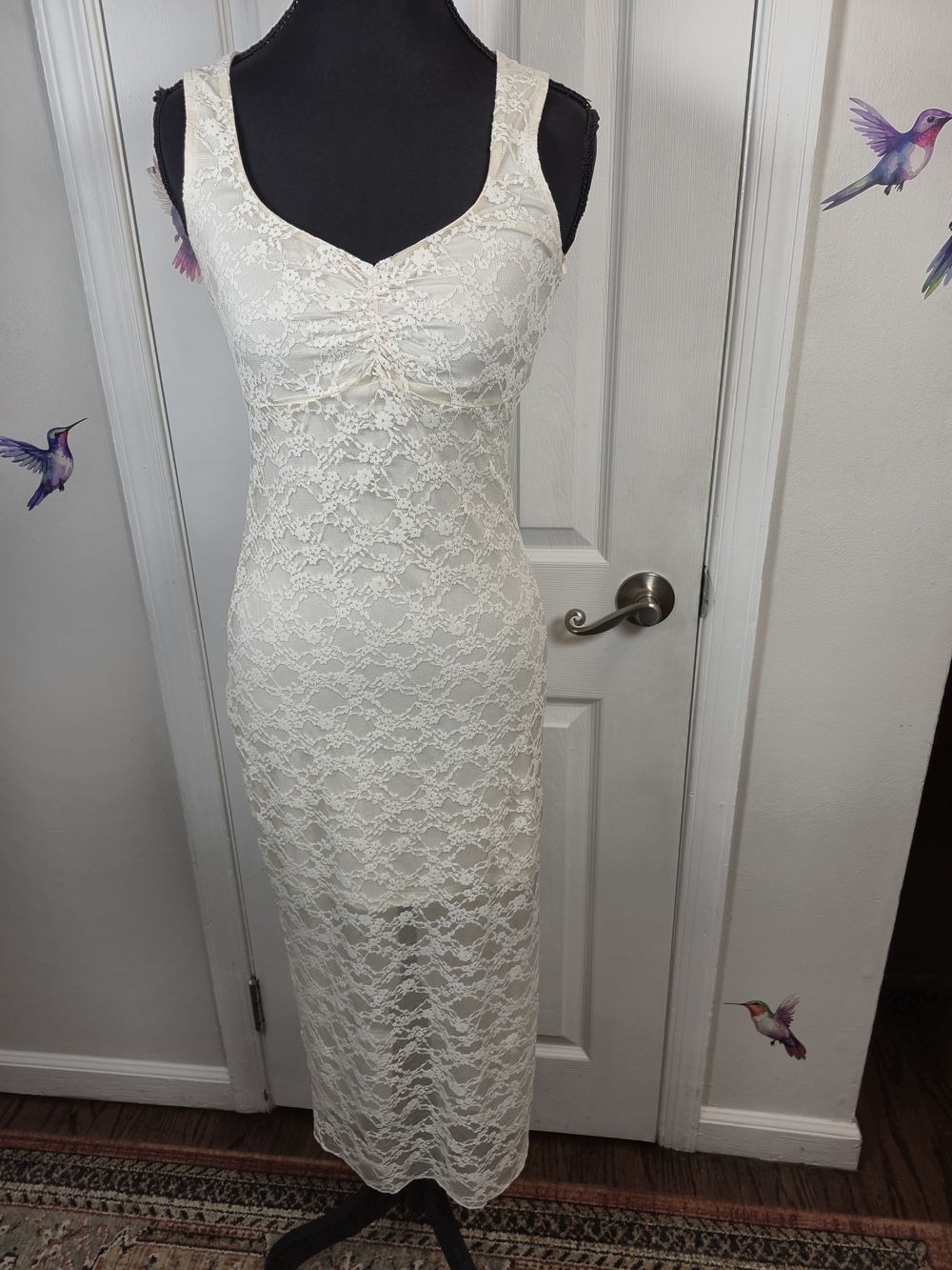 Forever 21 Cream Floral Lace Ruched Bust Coquette Boho Maxi Dress Size Small - Picture 3 of 6